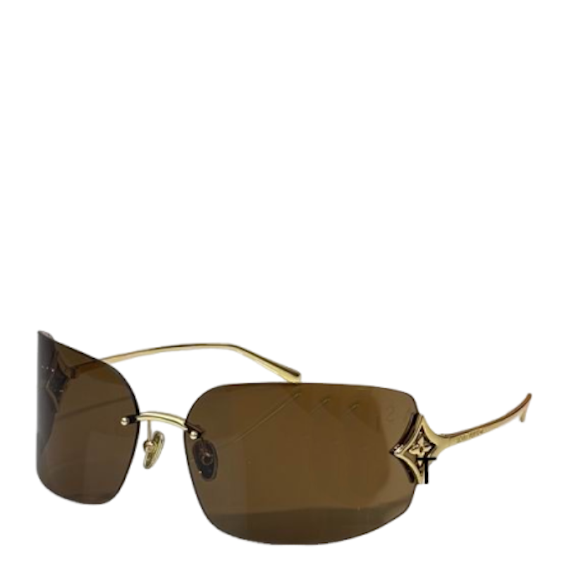 LU rimless sunglasses with a gold-tone metal frame and dark brown lenses, featuring the brand's signature monogram logo on the temple arm.