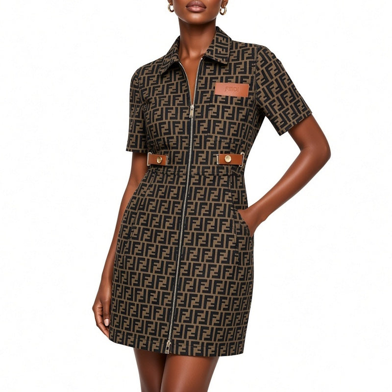 A woman modeling a short-sleeve collared dress with a brown and beige Zucca monogram pattern, a front zipper, and a matching brown belt with gold-tone hardware against a white background.