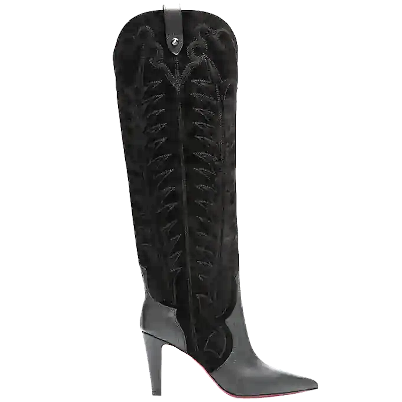 A single black leather and suede knee-high cowboy boot with western-style stitching, a pointed toe, and a high stiletto heel, shown against a plain white background.