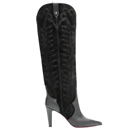 A single black leather and suede knee-high cowboy boot with western-style stitching, a pointed toe, and a high stiletto heel, shown against a plain white background.