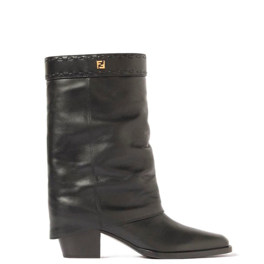 A black leather mid-calf boot with a slouchy shaft, low block heel, and a gold-tone  FF logo plaque on the collar, shown against a plain white background.