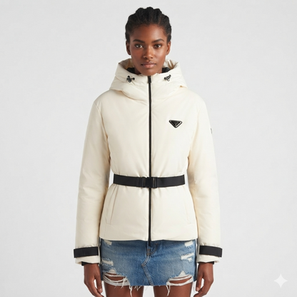 A model wearing a cream-colored hooded puffer jacket with black trim, a black belt, and a small black logo on the chest, paired with a denim mini skirt, against a light gray studio background.