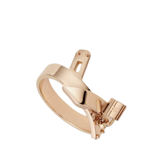 A polished rose gold metal ring with a unique open-ended design, featuring a flat top plate with two small screw details and a matching clasp mechanism on the side, shown against a solid white background.