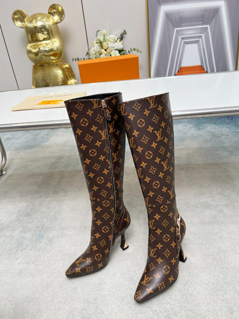 Louis Vuitton Monogram Leather High Boot Heels LV Size 37 US Size