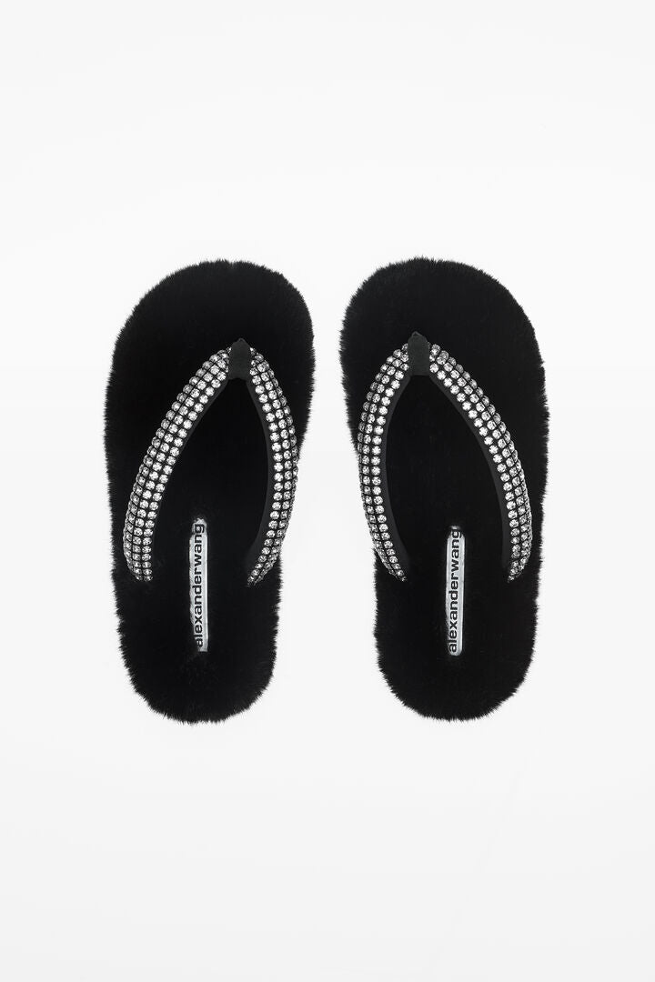WANG Slippers Furry Crystal Faux Furl