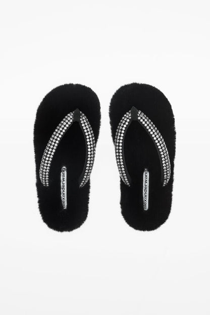 WANG Slippers Furry Crystal Faux Furl