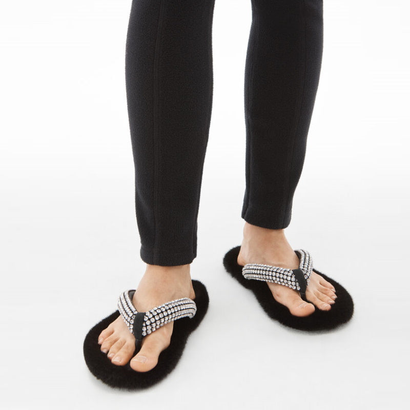 WANG Slippers Furry Crystal Faux Furl