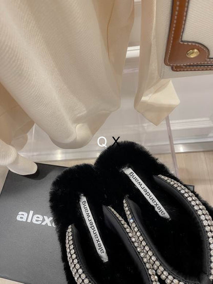 WANG Slippers Furry Crystal Faux Furl