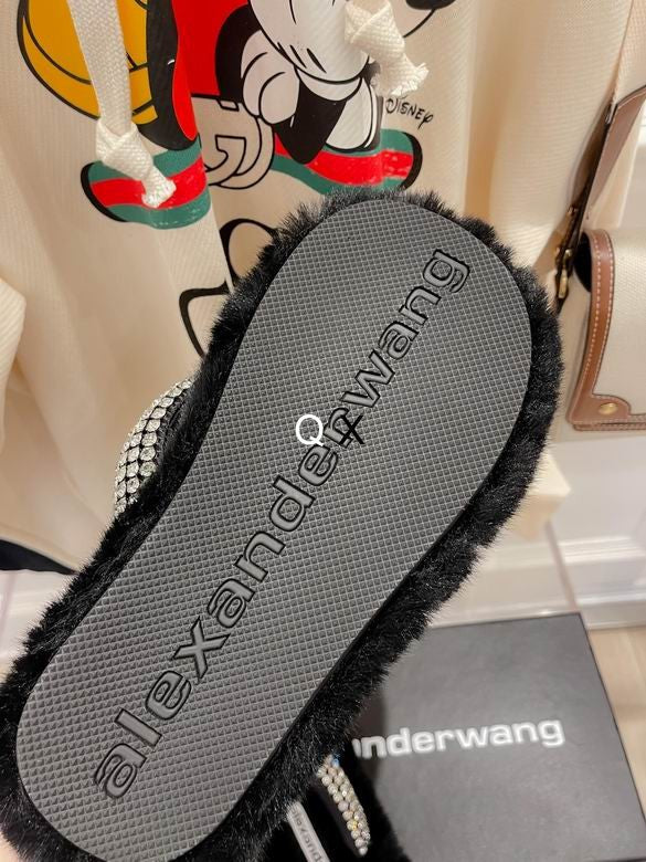 WANG Slippers Furry Crystal Faux Furl