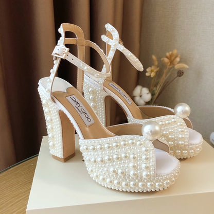 CHU Shoes High Heels Wedge Pearl White