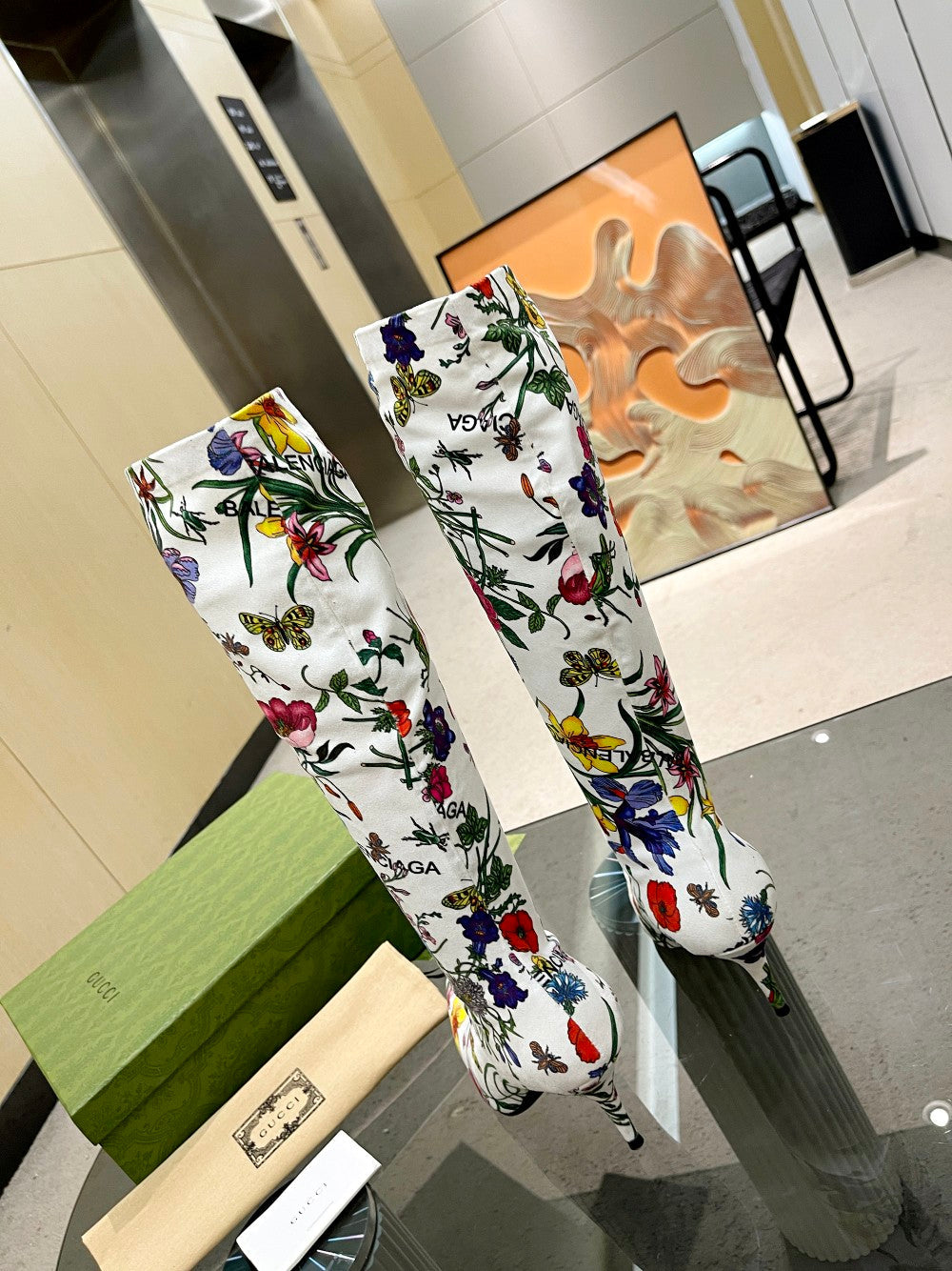 GU vs *BAL Boots High Above Knee 3 Style 's Flowers Stretch