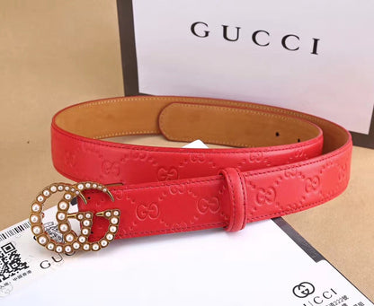 GU Belt Gold Pearl Leather Red